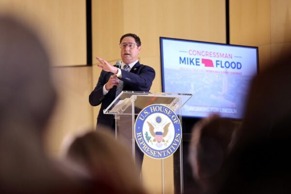 Photo: United States Representative Mike Flood (R-NE) answers voters questions during a town hall in Lincoln, Nebraska