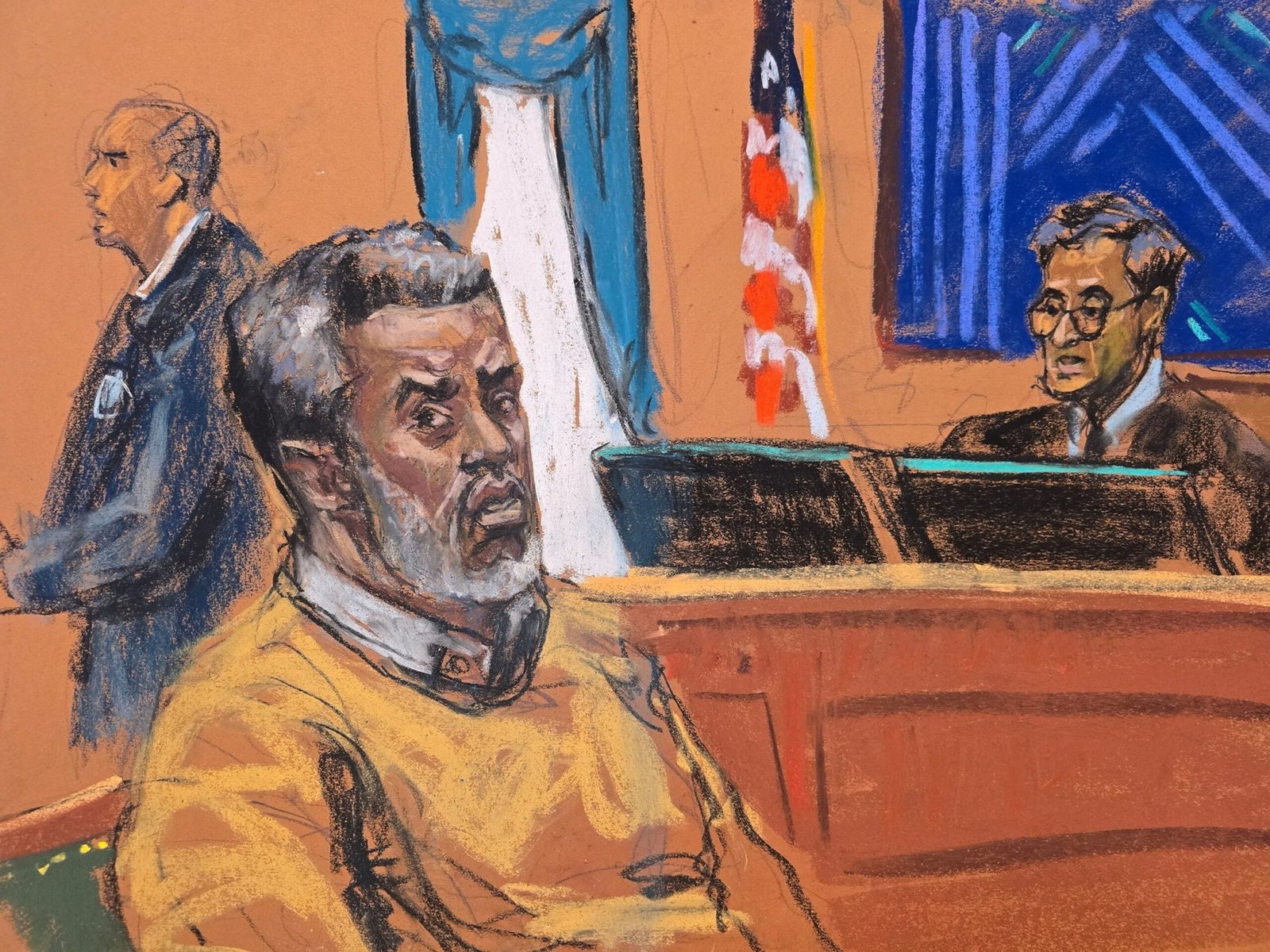 Photo: Sean 'Diddy' Combs Listen when Judge Arun Subramanian pronounces the sentence during the Court of Combs in New York, on October 3, 2025, in this sketch of the Court.