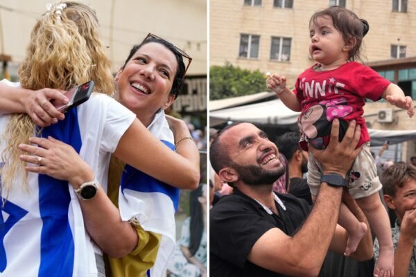 PHOTO: People hug in Hostage Square in Tel Aviv following news of a new ceasefire agreement in Gaza as Palestinians celebrate the announcement in the central Gaza Strip, October 9, 2025.