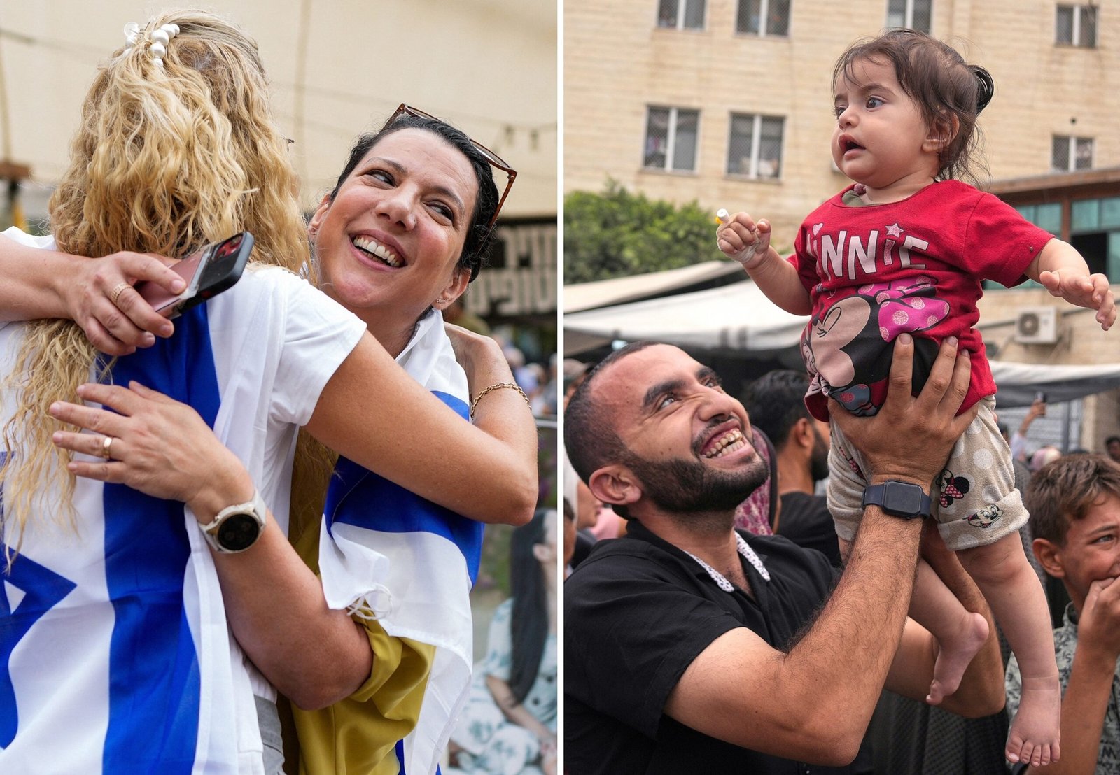 PHOTO: People hug in Hostage Square in Tel Aviv following news of a new ceasefire agreement in Gaza as Palestinians celebrate the announcement in the central Gaza Strip, October 9, 2025.