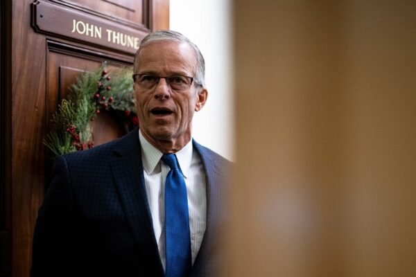 PHOTO: Senate Majority Leader John Thune speaks to reporters after the Senate passed the House resolution to force the release of Justice Department files on deceased convicted sex offender Jeffrey Epstein in Washington, Nov. 18, 2025.