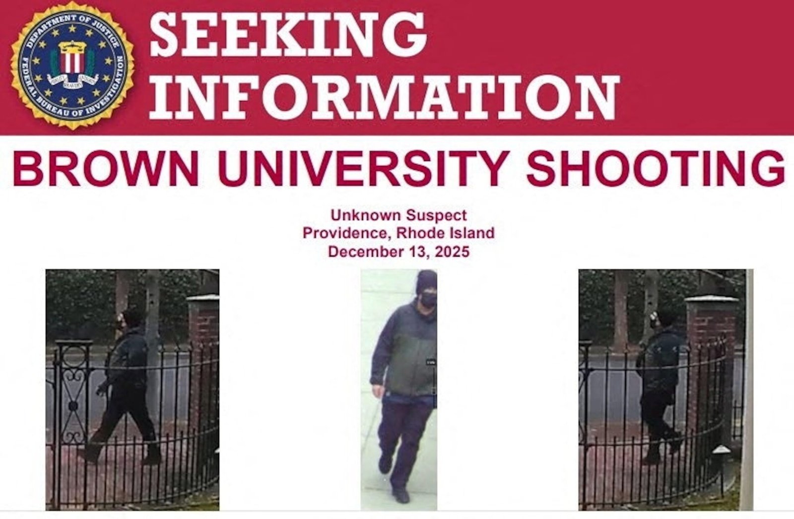 PHOTO: An image shown at a news conference shows a person described as an unknown suspect in the Brown University shooting, as the search for the shooter continues, in Providence, Rhode Island, on December 15, 2025.